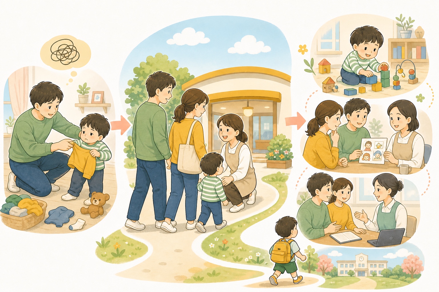 父親と母親が子どもの発達の気がかりに一緒に向き合い、児童発達支援センターへ相談し、遊びを通した支援や保護者への助言、園との連携、就学への橋渡しにつながる流れを描いたイラスト