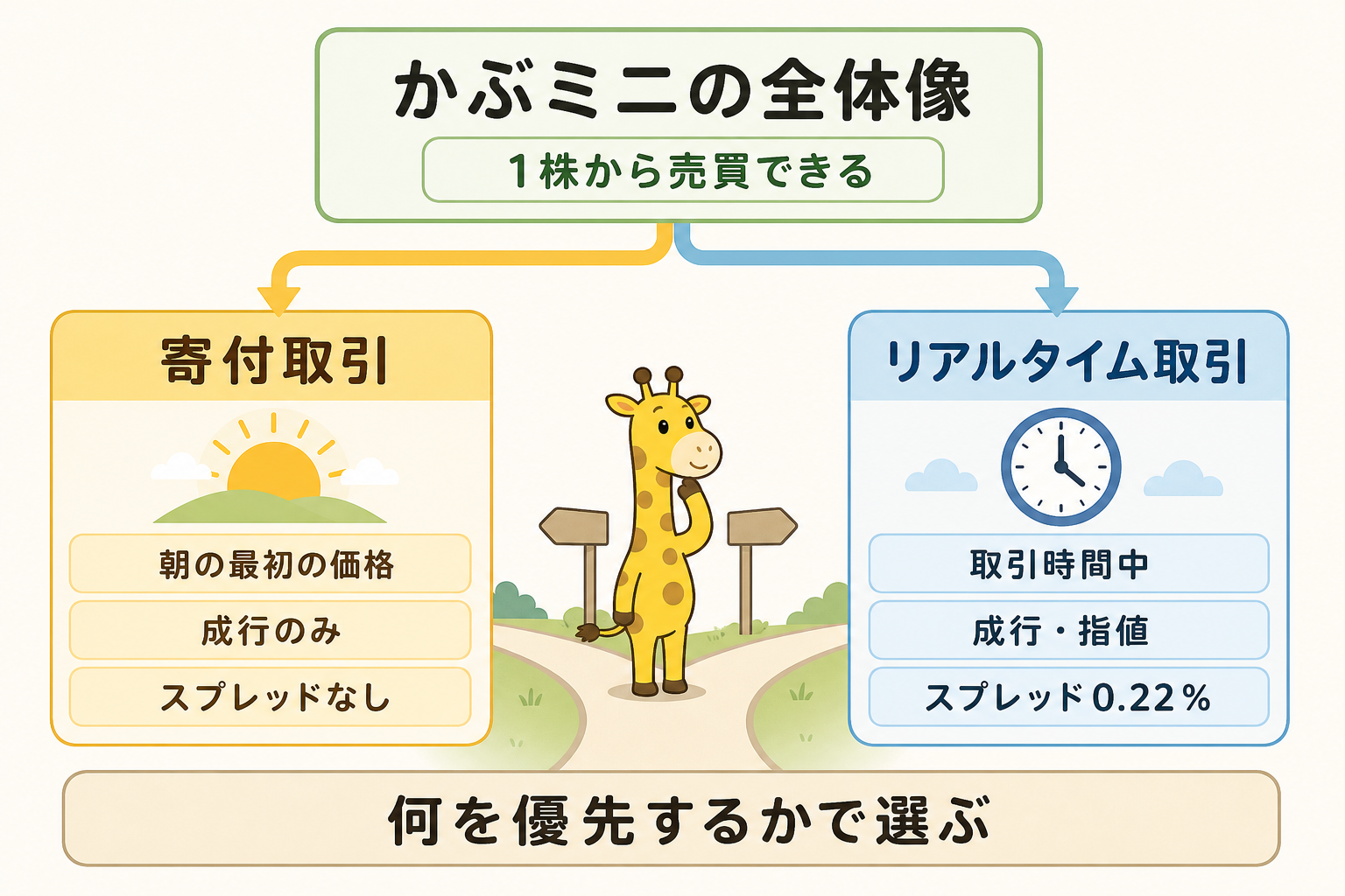 かぶミニの寄付取引とリアルタイム取引の違いを示した全体図