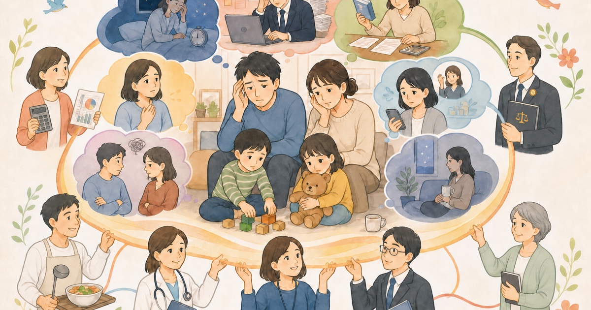 睡眠、仕事、お金、家族関係、孤立など複数の困りごとが重なる家庭を、医療・教育・福祉・家計相談・弁護士・子ども食堂・地域の年配者などが周囲から一緒に支える様子を描いたイラスト