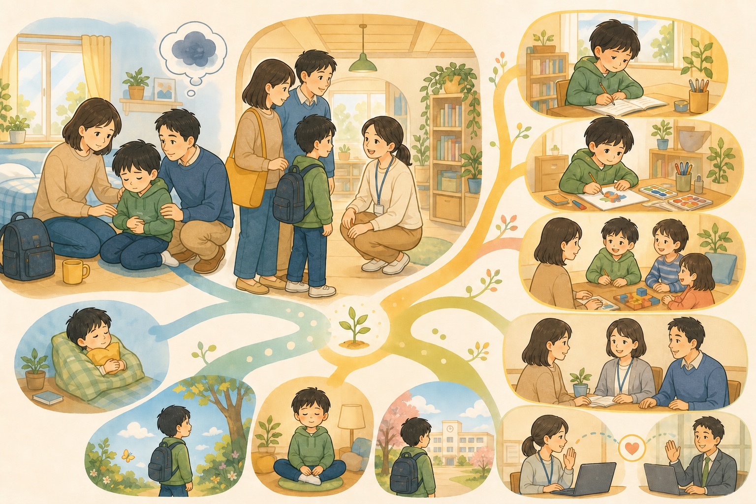 学校へ行きづらい子どもを父親と母親が一緒に支え、教育支援センターで休む、一人で学ぶ、創作する、少人数で過ごすなどの選択肢を持ち、保護者と支援者が相談・連携する様子を描いたイラスト
