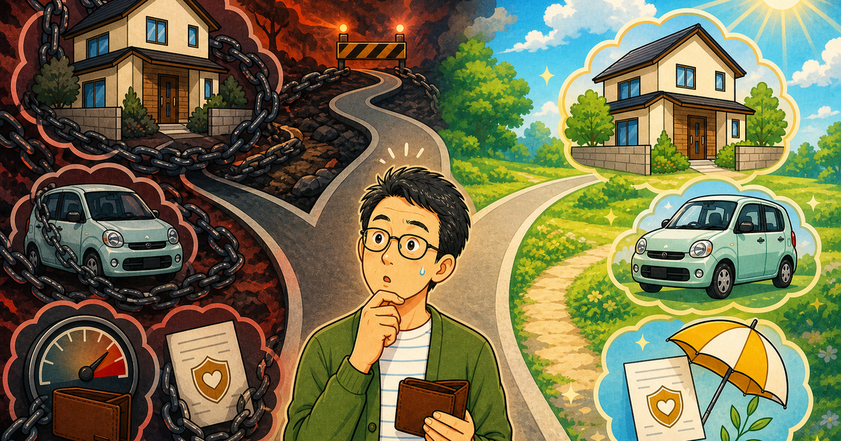 家・車・保険の選び方によって明暗が分かれる未来を描いたイラスト