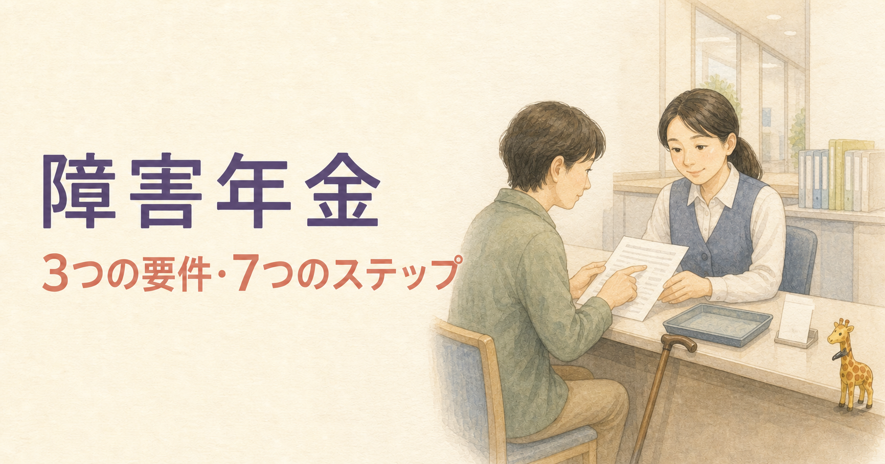 障害年金の手続きについて、公的窓口で杖を立てかけた方が職員と書類を確認するイラスト