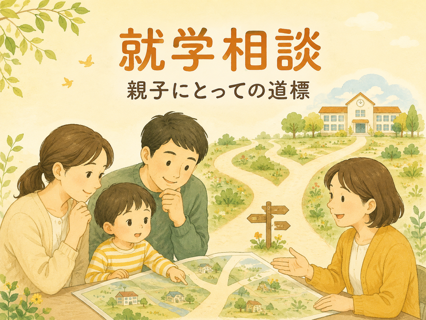 保護者と子どもが支援者と地図を囲み、就学先への複数の道を一緒に考えるイラスト