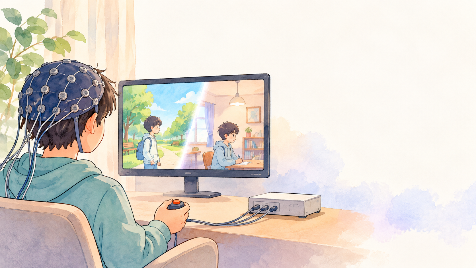 映画の変化に気づいたときにボタンを押し、脳波も記録する研究課題を表したオリジナルのイラスト