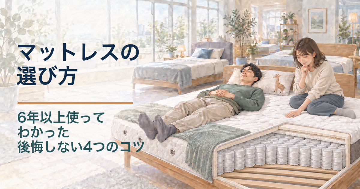 寝具売り場で二人がマットレスを試すイラスト。ポケットコイルの断面、側面の通気孔、横向きのすのこベッドフレームが見える。