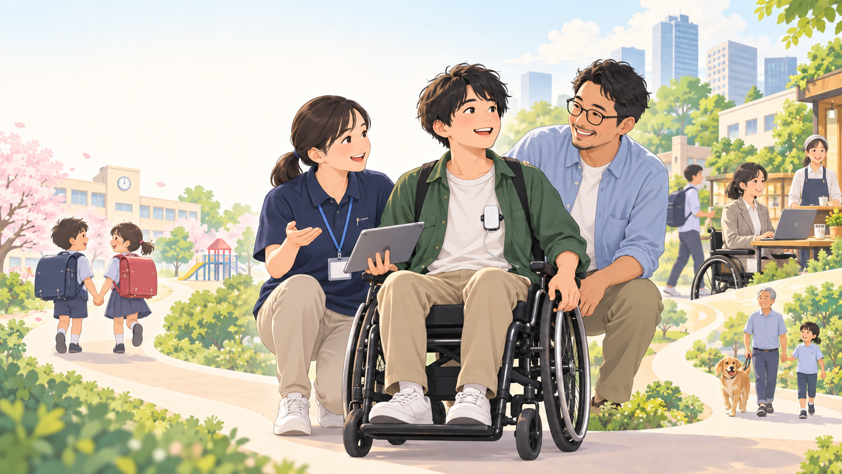 医療的ケアが必要な成人を中心に、家族と支援者が子ども時代から成人後の暮らしを一緒に考えるイラスト