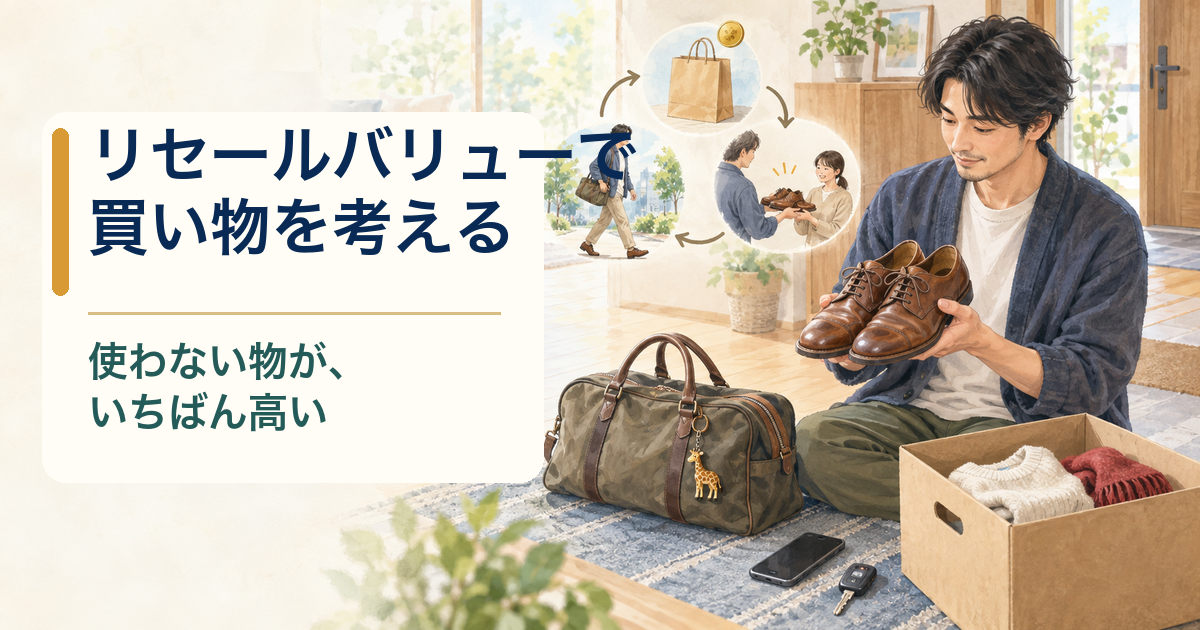 男性が手入れされた革靴を持ち、スマートフォンや車の鍵、手放す品を整理しているイラスト。買う、使う、次の人へ渡す循環を表現。
