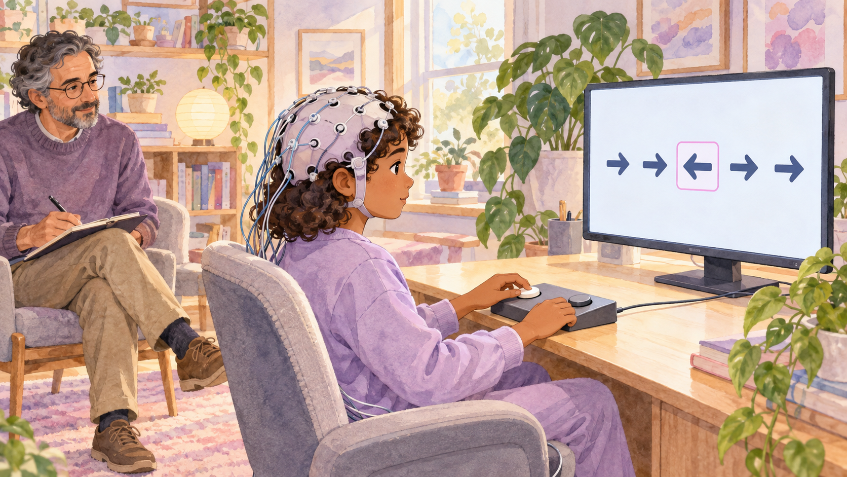 脳波用の電極をつけた子どもが、画面に並ぶ5本の矢印のうち中央の向きをボタンで答える課題に取り組むイラスト